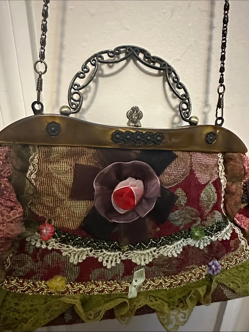 Vintage-Inspired Floral Appliqué Handbag in Burgundy and Olive